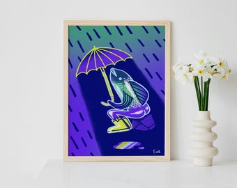 A4 Wall Art Print | Hand-Drawn Art | Surreal Mermaid Man Illustration in the Rain