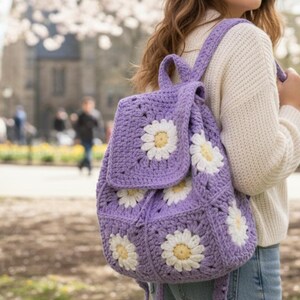 Crochet Drawstring Backpack - Purple & Gray Plum Purple and Black Crochet Drawstring Backpack - Etsy main image 2