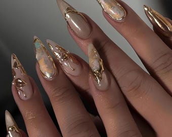 Opal Marble Press-On Nails | Gold Edge Design | Elegant Handmade Reusable Nail Set