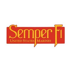 May include: A red rectangular emblem with the words "Semper Fi" in gold lettering. Below, the text "United States Marines" is also in gold. The emblem has a white background.