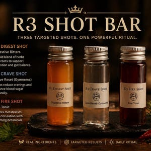 R3 Shot Bar Sampler | Herbal Wellness Shot Set | Digestive Bitters, Crave Reset & Fire Tonic | 3 Mini Herbal Sampler | Gift Set