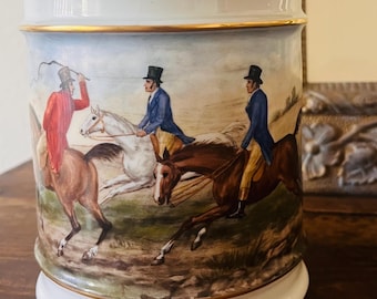 Tarro de tabaco antiguo con motivos ecuestres / Barril para galletas / Escena de caza / Caballo y jinetes / Porcelana francesa / Garnier