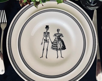 1 Set / Skeleton Bride and Groom Dinner Plate and Salad Plate / Set by Royal Stafford Made in England / Halloween Decor / Gothic table