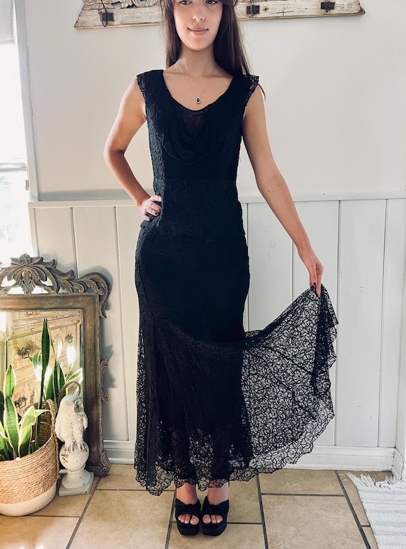 1930s Vintage Black Lace Slip Dress / Art Deco Maxi D… - Gem