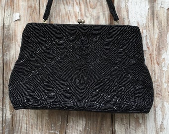 1950s black beaded evening bag  / 50s vintage purse  / 50s handbag / 50s vintage / 50s vintage bag / 40s purse / 1950s black beaded purse