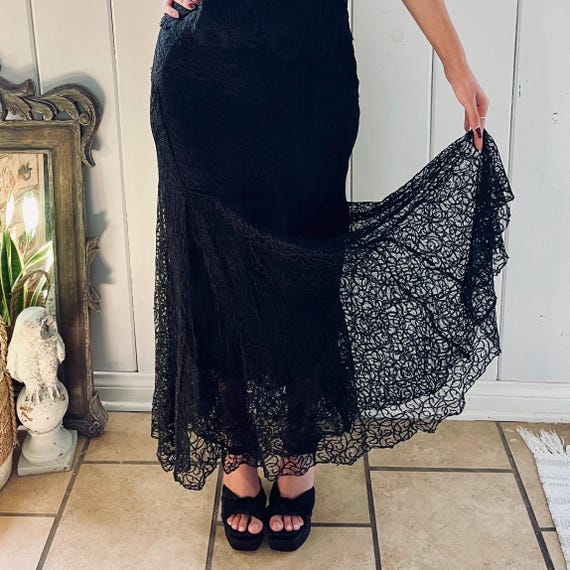 1930s Vintage Black Lace Slip Dress / Art Deco Maxi D… - Gem