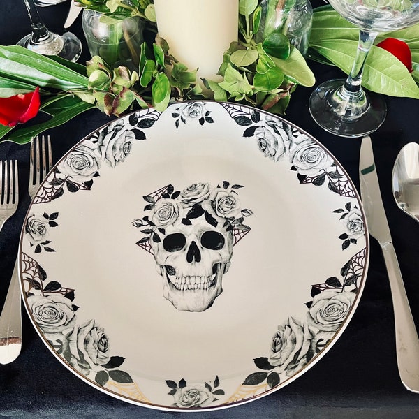 Skull and Rose witch cobweb detailing Eaton Fine Dining Dinner Plate