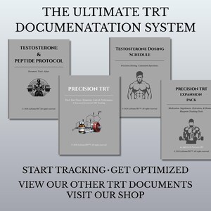 May include: A set of four gray informational documents titled THE ULTIMATE TRT DOCUMENTATATION SYSTEM. The pages feature text, diagrams, and illustrations of muscular figures, a vial, and a barbell. Text includes START TRACKING GET OPTIMIZED.