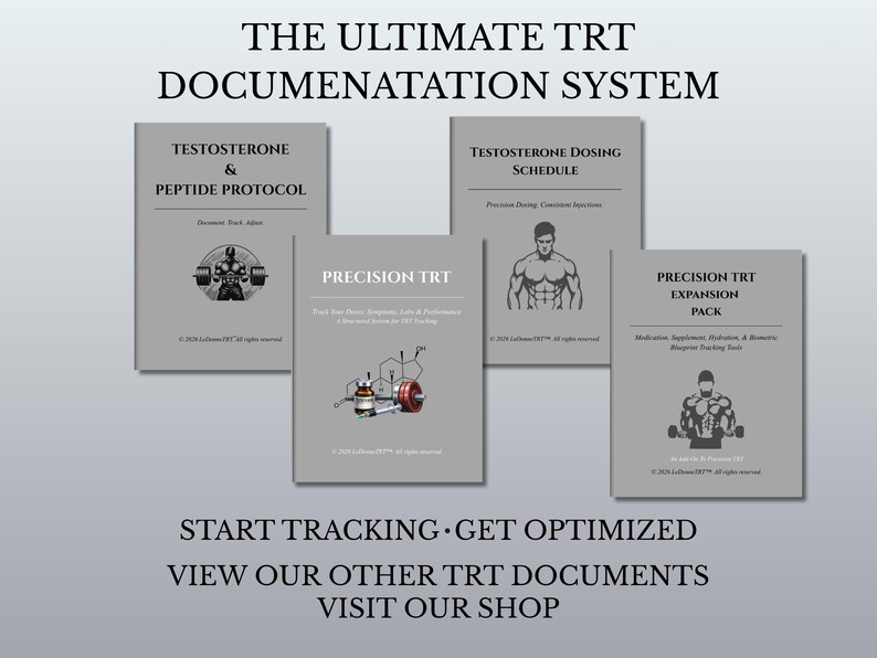 May include: A set of four gray informational documents titled THE ULTIMATE TRT DOCUMENTATATION SYSTEM. The pages feature text, diagrams, and illustrations of muscular figures, a vial, and a barbell. Text includes START TRACKING GET OPTIMIZED.