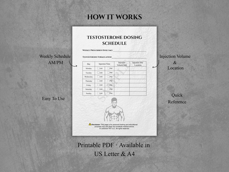 May include: A white Testosterone Dosing Schedule form with black text and a central illustration of a muscular figure. The document includes a weekly table for tracking injection times, volumes, and locations, with labels for AM/PM, and a disclaimer at the bottom.