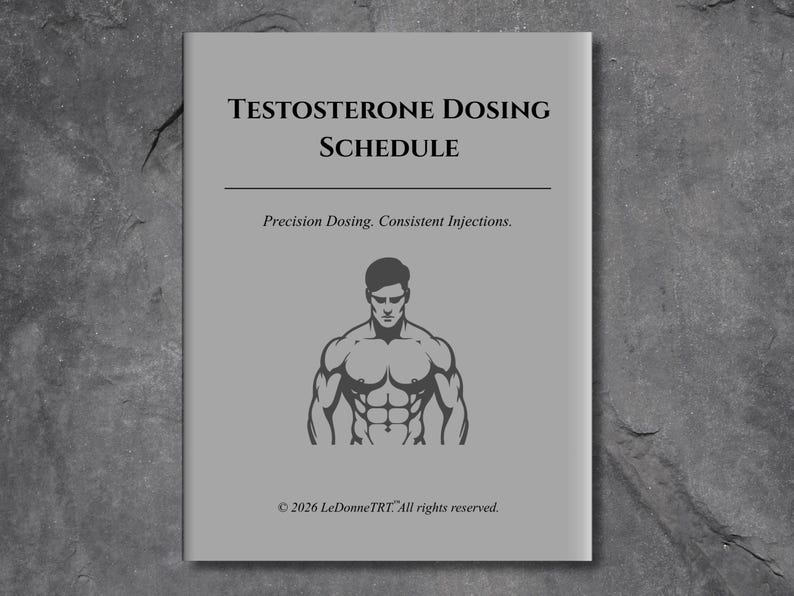 May include: A gray rectangular document titled Testosterone Dosing Schedule. It features the text Precision Dosing. Consistent Injections. and a central graphic of a muscular torso. The bottom includes the text &copy; 2026 LeDonneTRT&trade; All rights reserved.