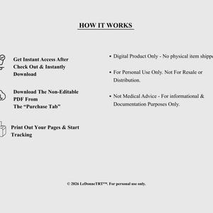 May include: An informational graphic titled HOW IT WORKS with black text on a light gray background. It outlines three steps using icons for a shopping cart, cloud download, and printer, followed by bullet points regarding digital product usage.