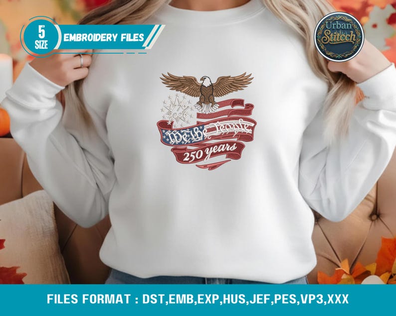 250-jähriges Jubiläum USA Flagge Maschinenstickerei - We the People 1776-2026 Hut- & Bekleidungsmuster Bild 3