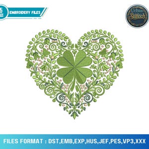 May include: A green heart-shaped embroidery design featuring a four-leaf clover at the center, surrounded by leaves and floral details. The design includes the text "EMBROIDERY FILES" and "Urban Stitch". The file formats are listed at the bottom.