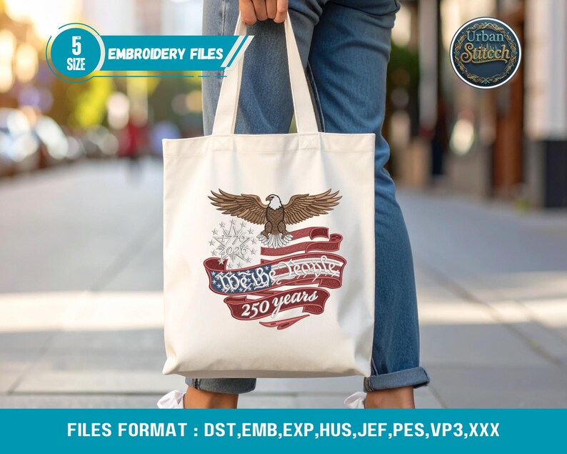250-jähriges Jubiläum USA Flagge Maschinenstickerei - We the People 1776-2026 Hut- & Bekleidungsmuster Bild 5