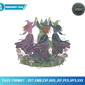 Puede incluir: Un diseño de bordado con tres brujas con vestidos largos y sombreros puntiagudos, tomadas de la mano en círculo. El diseño incluye setas y follaje, con el texto "EMBROIDERY FILES". La paleta de colores incluye morado, verde y marrón.