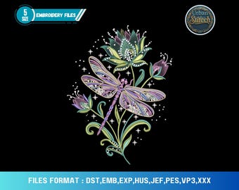Libelle Blume Maschinenstickdatei, Natur Insekt Muster, digitaler Download