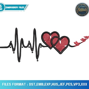 May include: An embroidery design featuring a black heartbeat line leading to two intertwined red hearts with black outlines. The design includes small red accents and the text "EMBROIDERY FILES".