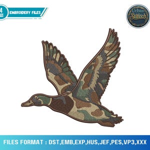 May include: An embroidered design of a flying duck with camouflage-patterned wings and body. The design includes the text "EMBROIDERY FILES" and "Urban Stitech". The image also displays the text "FILES FORMAT : DST, EMB, EXP, HUS, JEF, PES, VP3,XXX".