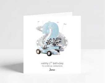 Boys Racing Car Personalised 2nd Birthday Card, Racing Car Theme, Son Grandson Nephew Greeting