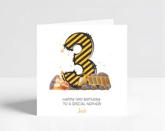 Boys Personalised 3rd birthday card, Builder Construction design for Son, Grandson, Nephew, printable or blank inside