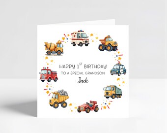Boys Cars Bus Lorry Birthday Card, Personalised for Son Grandson Nephew Brother