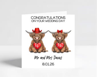 Highland Cow Wedding Card, Congratulations on Your Wedding Day, Personalised Names and Date, Gift