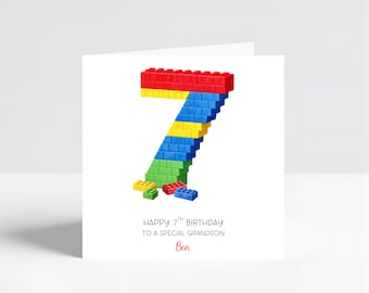 Personalised Building Brick 7th Birthday Card, Kids Children's Greeting, Son Grandson Brother Nephew