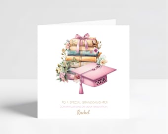 May include: A graduation greeting card with a pink mortarboard hat and a stack of books. The card features floral accents and the text "To a special granddaughter, congratulations on your graduation" with the name "Rachel".