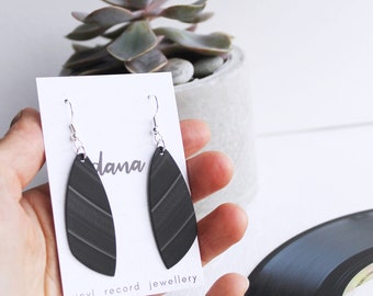 black earrings dangle earrings long earrings hypoallergenic earrings eco-friendly earrings recycled vinyl record earrings modern earrings