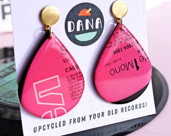 Pinkalicious bold pink teardrop upcycled vinyl record earrings / ONE OF A KIND