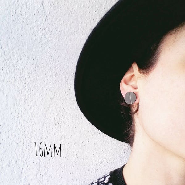 16mm simple black studs black post earrings flat studs eco friendly earrings casual studs hypoallergenic recycled vinyl record ear posts