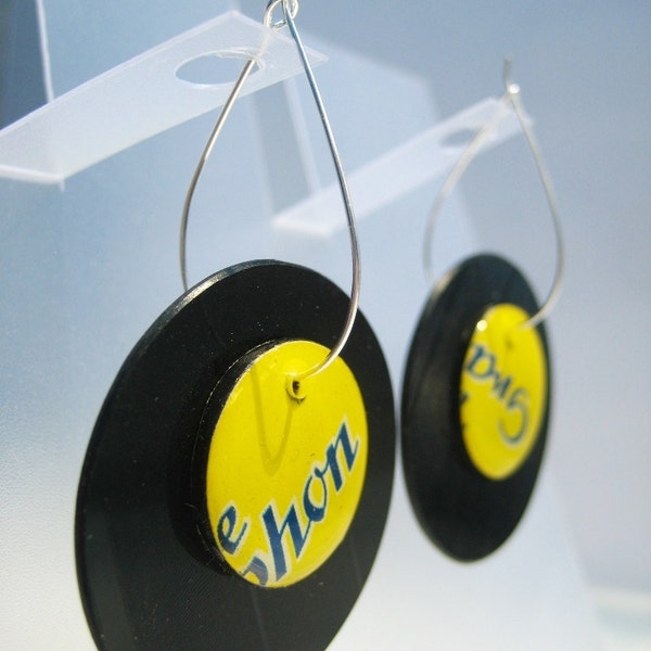 recycled vinyl record earrings. 3 in 1. black and yellow earrings. round funky and modern earrings. contemporary jewelry. recycled jewelry.