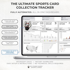 May include: A laptop screen displays a sports card collection tracker dashboard. The interface shows collection value, sales data, and performance metrics. Text includes "The Ultimate Sports Card Collection Tracker" and "Personalize with your own logo/brand."