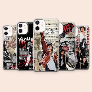 May include: Five phone cases showcasing images of Michael Jackson. The cases feature diverse designs, including photo collages, text, and musical notation. The cases are transparent with black, red, and white detailing.