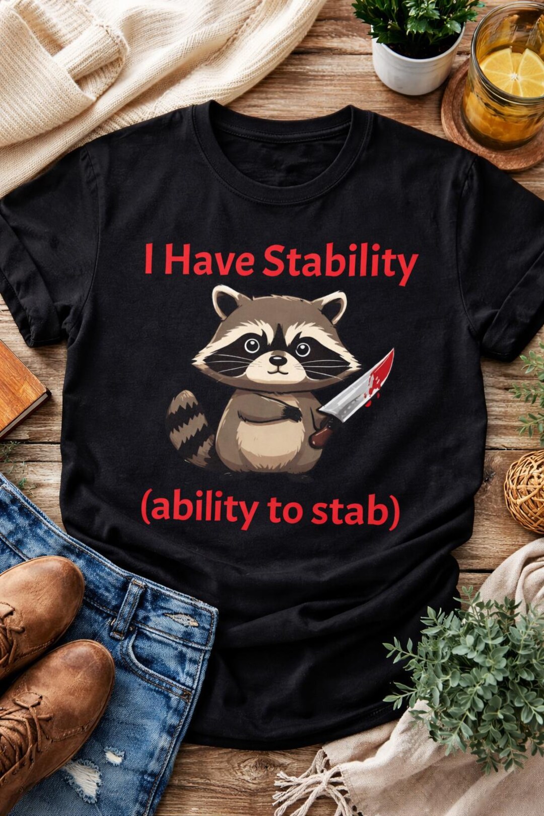 Raccoon Knife T-shirt | I Have Stability, Dark Humor Graphic Tee - Etsy