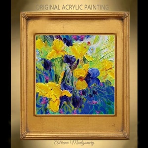 Yellow and Blue Irises, Flowers, Gift for her, Original Oil Painting, Contemporary Art, Floral Art, Palette Knife Art, Textured Wall Art