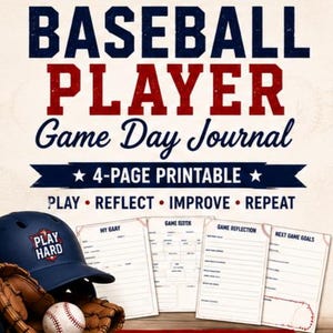 Könnte beinhalten: Ein 4-seitiges, ausdruckbares Baseball Player Game Day Journal mit einem marineblauen Helm mit Play Hard-Logo, einem braunen Leder-Baseballhandschuh und einem weißen Baseball. Der Text lautet Baseball Player Game Day Journal, 4-Page Printable, Play, Reflect, Improve, Repeat, My Game, Game Stats, Game Reflection, Next Game Goals und Instant Download.