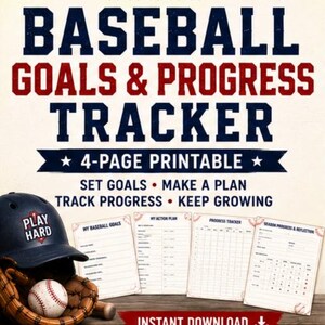 Op de afbeelding: Een 4-pagina's tellende printbare baseball doelen- en voortgangstracker met een donkerblauwe slaghelm met de tekst PLAY HARD, een bruine leren honkbalhandschoen en een witte honkbal. De documentpagina's bevatten secties voor doelen en actieplannen.