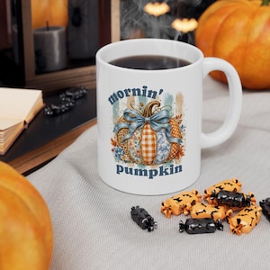 Plaid Pumpkin Stack Mug | Autumn Floral Pumpkin Illustration