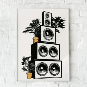 Speaker Stack Poster, Sound System Wall Art, Black and Yellow Music Print, Plant Illustration