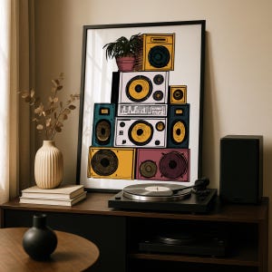 Retro Speaker Stack Poster, Vintage Hi-Fi Wall Art, Music Room Print, Hand Drawn Sound System Art