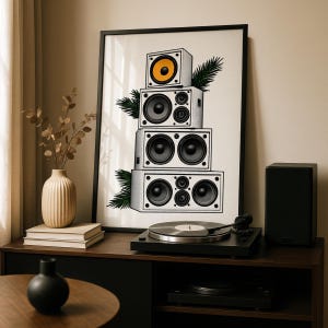 Speaker Stack Art Print, Retro Sound System Poster, Stippled Music Wall Art, Hi-Fi Studio Decor