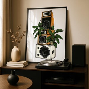 Sound System Speaker Stack Poster, Vintage Hi-Fi Wall Art, Plants and Speakers Print, Music Room