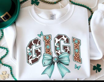 Sudadera Leopard Bow Mama, Camiseta personalizada para abuela, Suéter Gigi Nana Mimi Mom, Western Coquette Mama, Regalo del Día de la Madre, Ropa linda para mamá