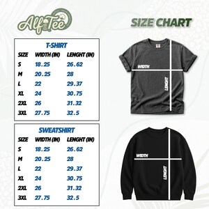 Pode incluir: Uma tabela de tamanhos para camisetas e moletons, com medidas em polegadas. A tabela inclui os tamanhos S, M, L, XL, 2XL e 3XL, detalhando a largura e o comprimento para cada tamanho. Uma camiseta cinza escuro e um moletom preto s&atilde;o mostrados.