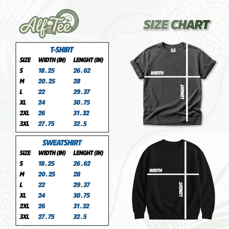 Pode incluir: Uma tabela de tamanhos para camisetas e moletons, com medidas em polegadas. A tabela inclui os tamanhos S, M, L, XL, 2XL e 3XL, detalhando a largura e o comprimento para cada tamanho. Uma camiseta cinza escuro e um moletom preto s&atilde;o mostrados.