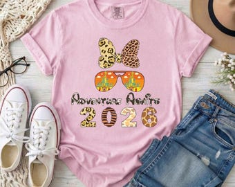 Adventure Awaits 2026 Minnie Bow Disney Shirt, Leopard Print Safari Tee, Disney Castle Sunglasses, Disney Vacation Gift