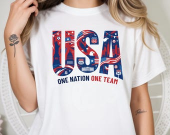 Camiseta patriótica de EE. UU., camiseta "Una nación, un equipo", ropa del 4 de julio, camiseta del orgullo americano, camiseta para aficionados al fútbol, camiseta con estampado de la Ruta 66.