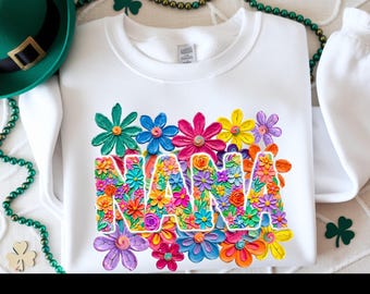 3D Effect Floral MAMA Sweatshirt, Colorful Flower Mom Shirt, Vibrant Botanical Print Crewneck, Mother's Day Gift, Trendy Boho Mom Apparel